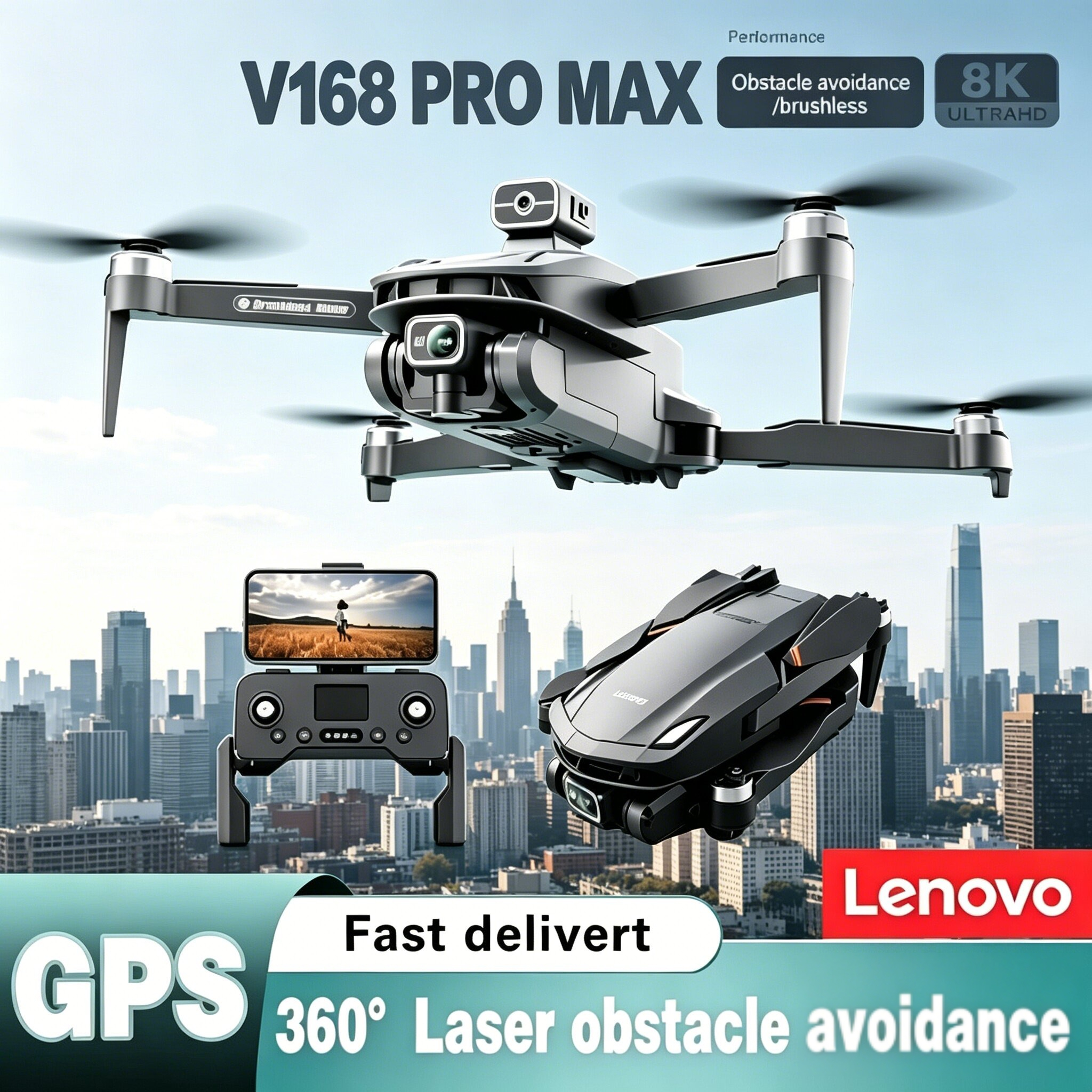 Lenovo V168 Drone 4K Professin - Drone Camera Wide Angle ulasan dan harga